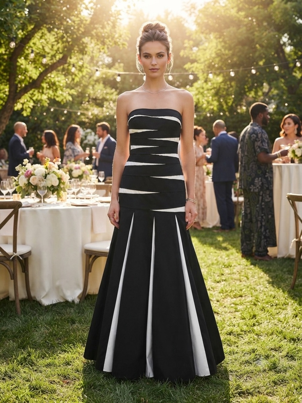 Jessica McClintock Y2K Black and White Strapless Maxi Dress